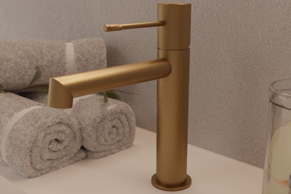 Drakar single lever basin mixer in brushed gold PVD - side view