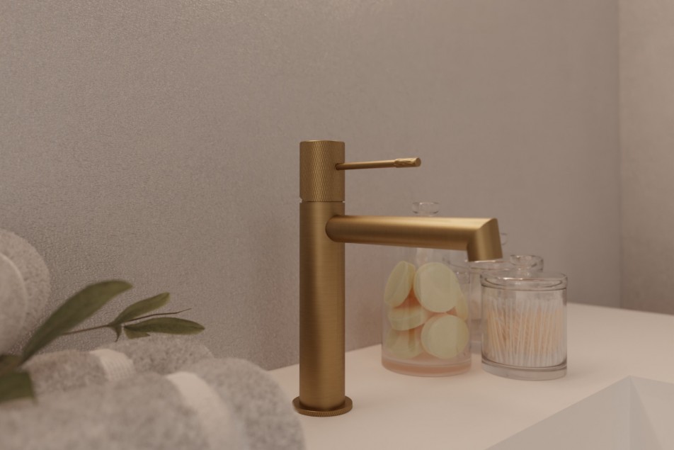 Drakar single lever basin mixer in brushed gold PVD - side view