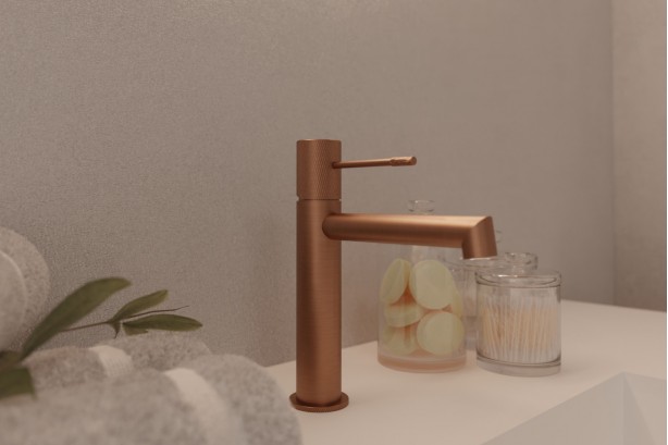 Drakar single lever basin mixer in brushed copper PVD -side view