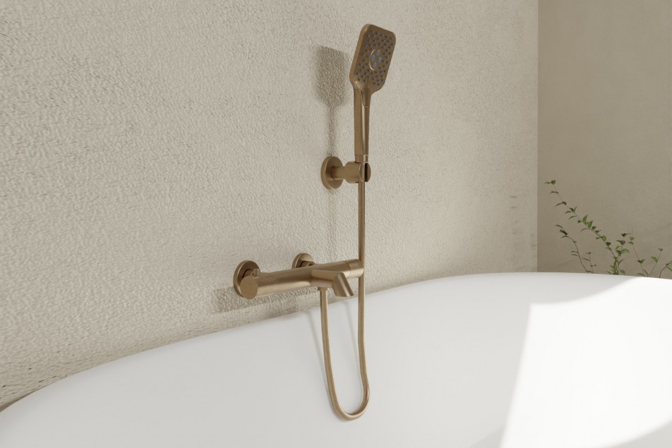 Drakar thermostatic mixer in brushed gold - front view