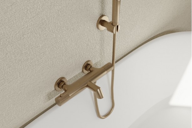 Drakar thermostatic mixer in brushed gold - front view