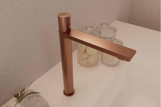 Figaro progressive single lever basin mixer in brushed copper - side view