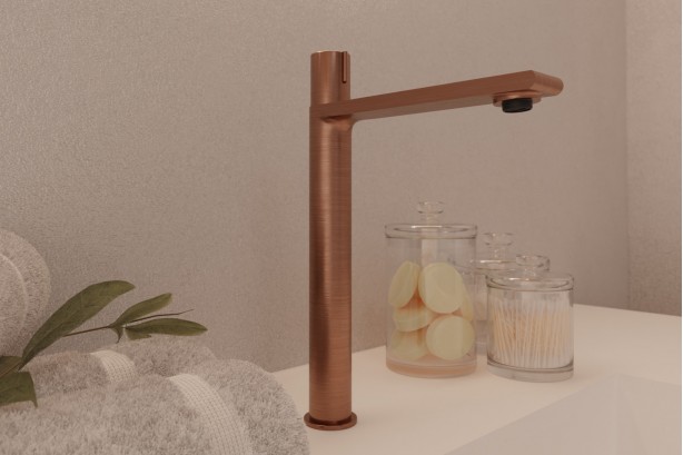 Figaro progressive single lever basin mixer in brushed copper - side view