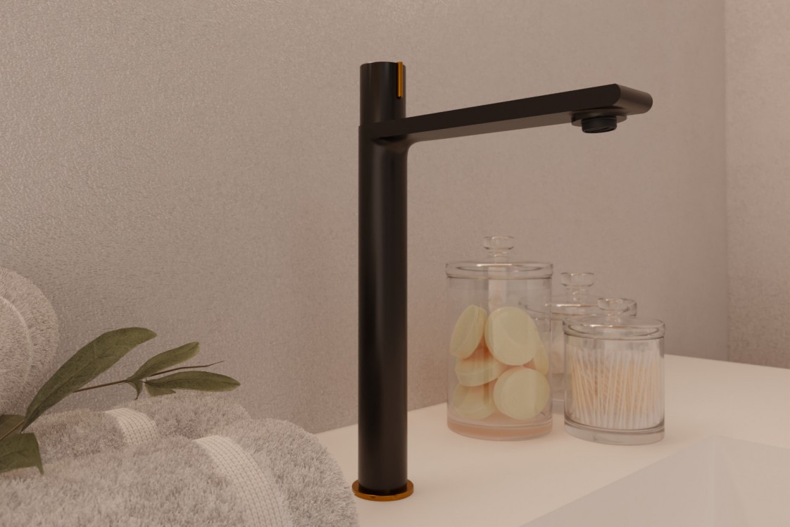 Figaro progressive basin mixer in black and gold - side view