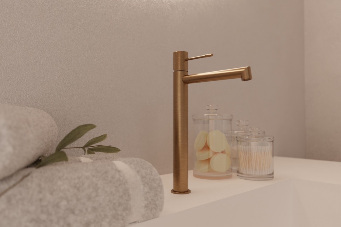 Drakar single lever basin mixer in brushed gold - high version - side view