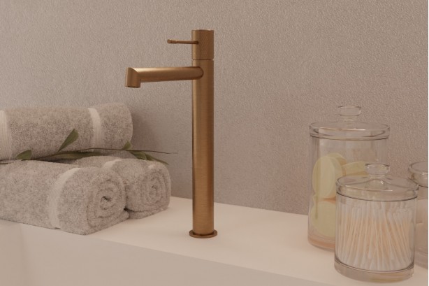 Drakar single lever basin mixer in brushed gold - high version - front view