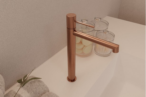 Drakar single lever basin mixer in brushed copper - high version - side view