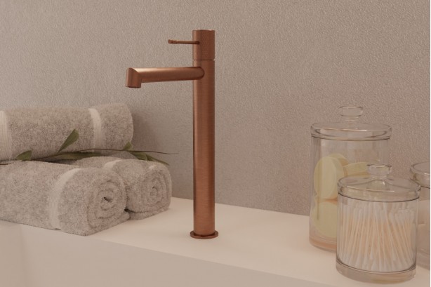 Drakar single lever basin mixer in brushed copper - high version - front view