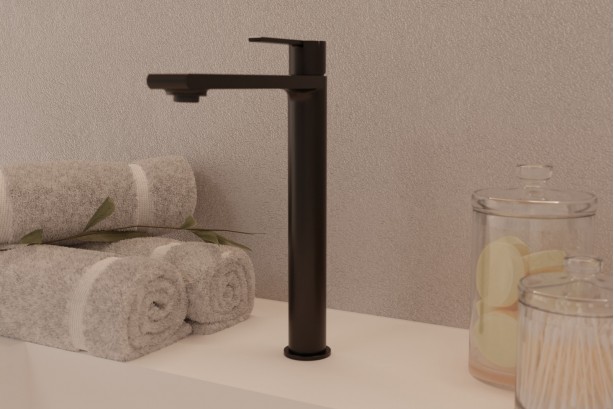 Figaro single lever basin mixer wall mounted in matt black - high version - side view