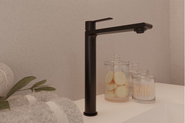 Figaro single lever basin mixer wall mounted in matt black - high version - side view