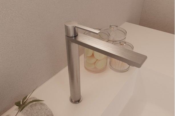 Mitigeur lavabo Figaro à poser en nickel brossé - version haute - vue de côté