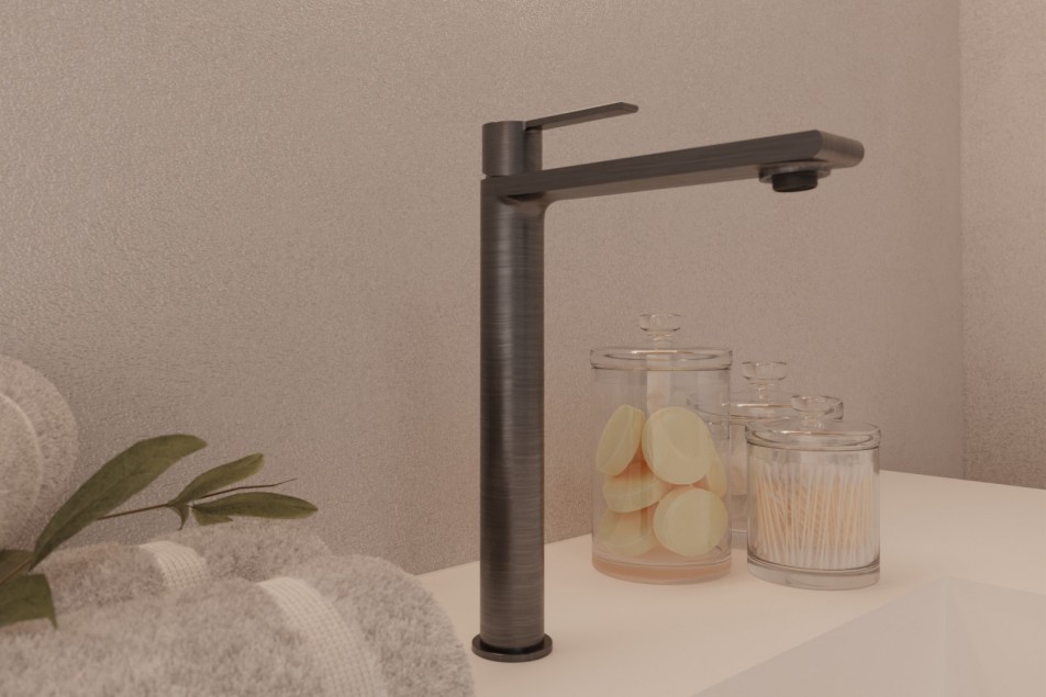 Figaro freestanding basin mixer in carbon PVD - high version - side view