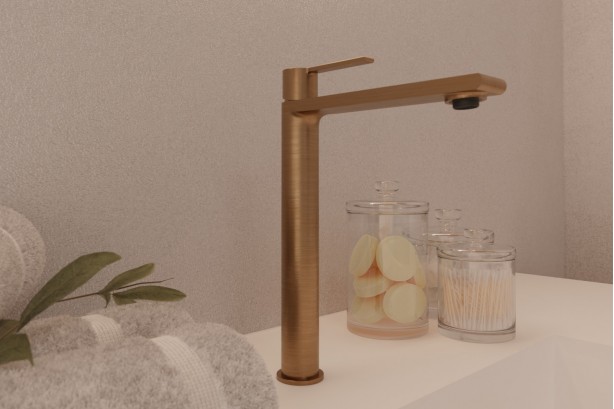 Figaro freestanding basin mixer in brushed gold - high version - side view