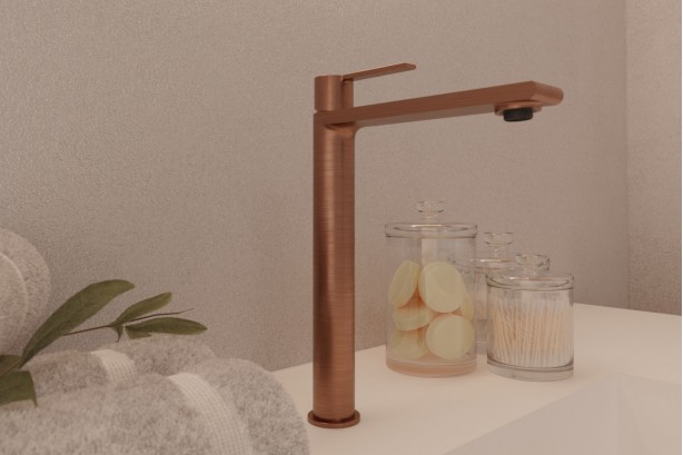 Figaro freestanding single lever basin mixer in brushed copper - high version - side view