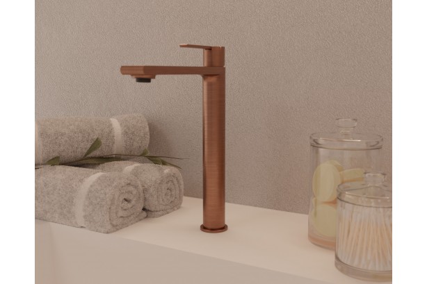 Figaro freestanding single lever basin mixer in brushed copper - high version - side view